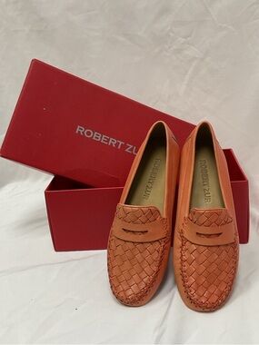 Robert Zur Woven Leather Loafers Coral Orange Flats Made in Brazil NEW Size 7